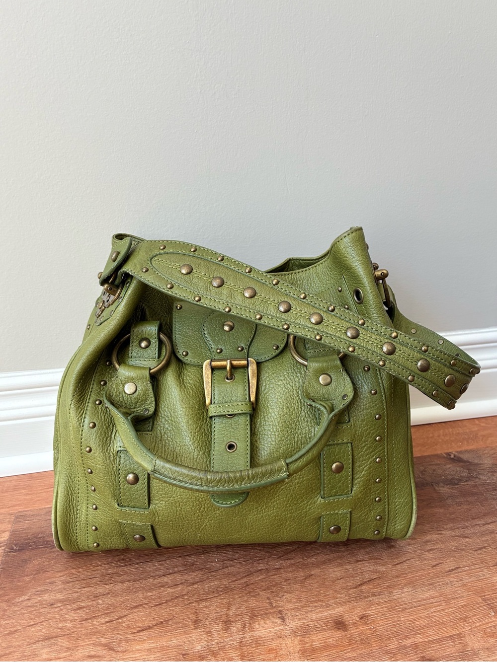 Betsey Johnson Vintage Y2K Green Leather Studded Buckle Satchel Purse, Cheetah